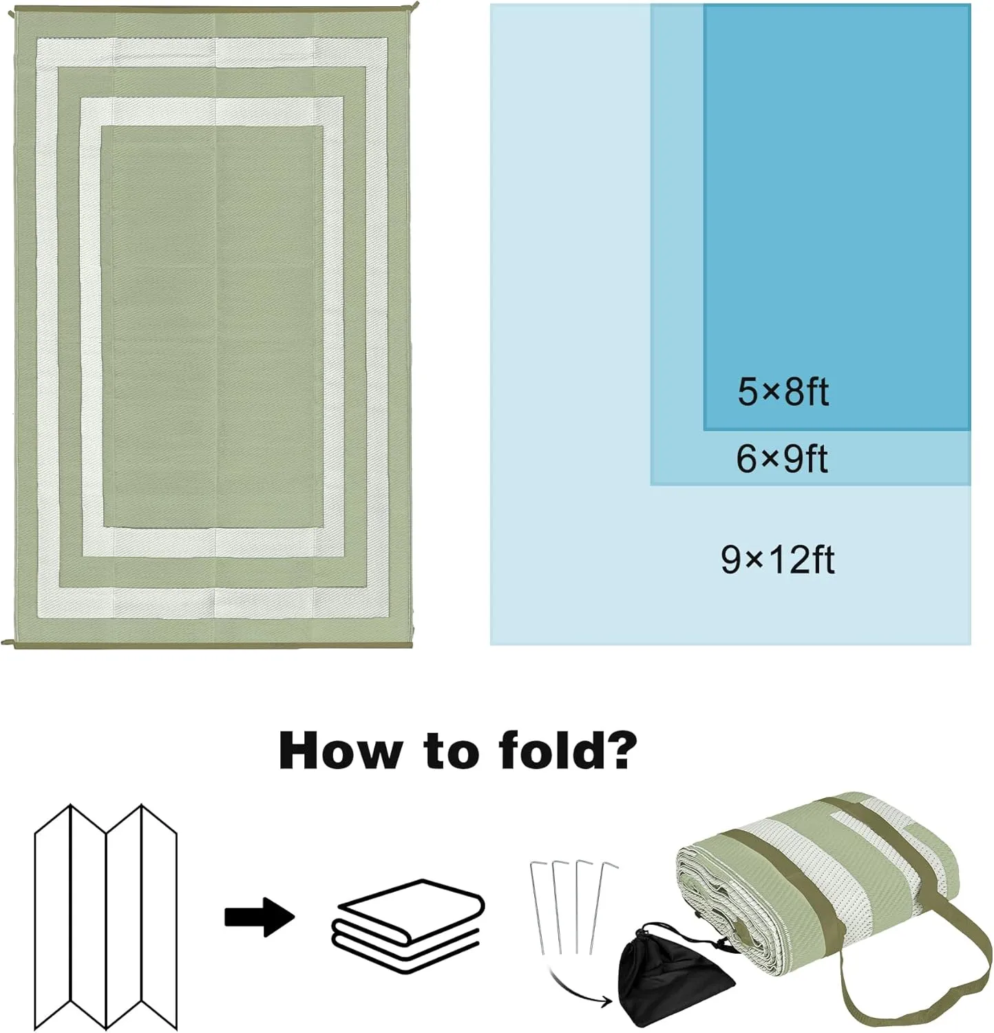 Reversible Mats, Outdoor Patio Rugs, Plastic Straw Rug, Modern Area Rug, Floor Mat for Outdoors, RV, Patio, Backyard, Deck, Picnic, Beach, Trailer, Camping-Rectangle, 9' x 12, Green