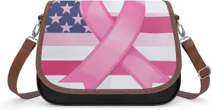Ribbon Breast Cancer Awareness Flag Crossbody Bags for Women Leather Tote Bag Handbag Purse for Work Travel