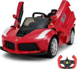 Ride on car 12V Kids Electric Car with Remote Control, Openable Hydraulic Doors, Leather Seat, Spring Suspension, Bright Lights, MP3, Battery Powered Wheels Racing Car