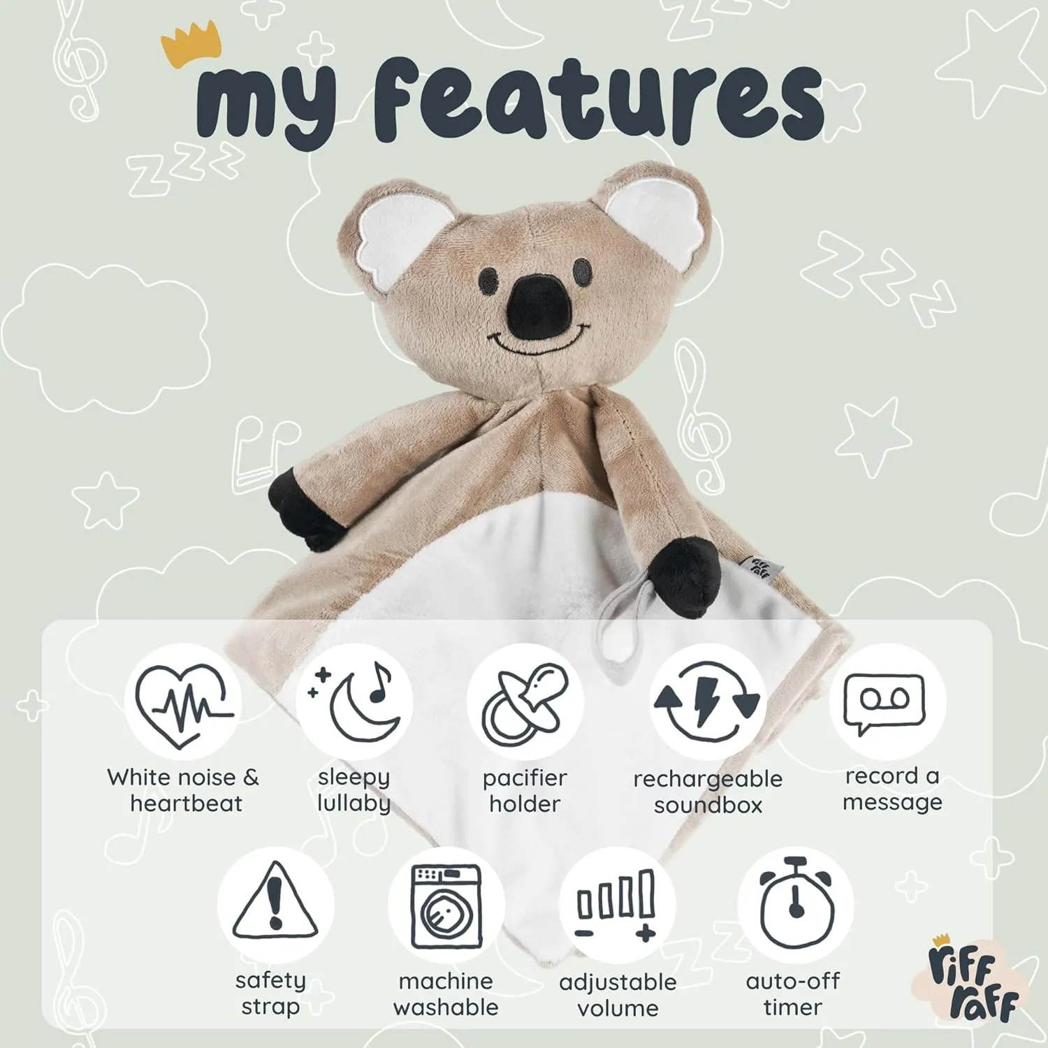Riff Raff Sleep Soother Sleep Aid Lullaby for Newborn/Baby 0  Months, Portable White Noise Plush Sound Machine, Heartbeat & White Noise Plush, Stuffed Animals for Babies w/Velcro Strap - Koala
