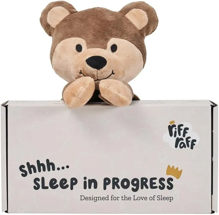 Riff Raff Sleep Soother Sleep Aid Lullaby for Newborn/Baby 0  Months, Portable White Noise Plush Sound Machine, Heartbeat & White Noise Plush, Washable Stuffed Animals for Babies w/Velcro Strap - Bear