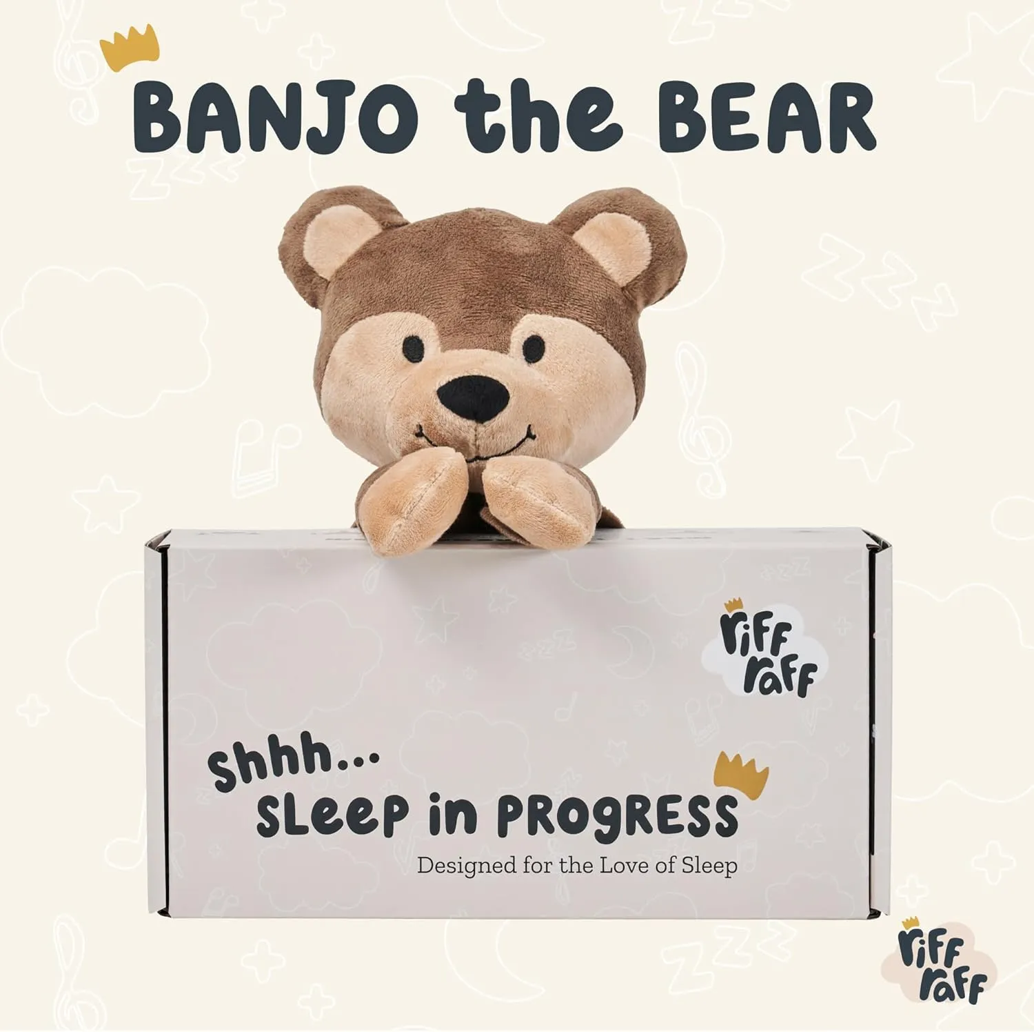 Riff Raff Sleep Soother Sleep Aid Lullaby for Newborn/Baby 0  Months, Portable White Noise Plush Sound Machine, Heartbeat & White Noise Plush, Washable Stuffed Animals for Babies w/Velcro Strap - Bear