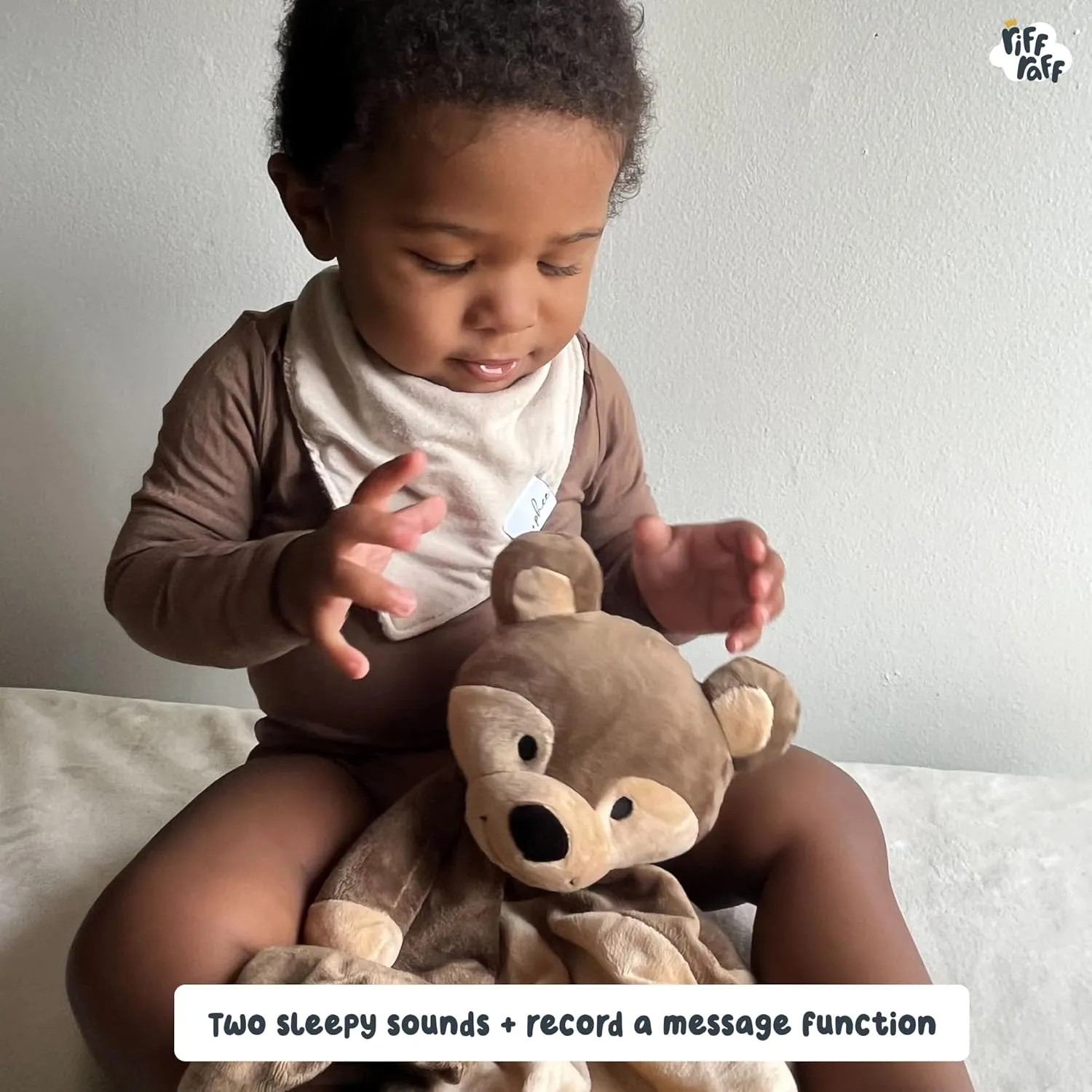 Riff Raff Sleep Soother Sleep Aid Lullaby for Newborn/Baby 0  Months, Portable White Noise Plush Sound Machine, Heartbeat & White Noise Plush, Washable Stuffed Animals for Babies w/Velcro Strap - Bear