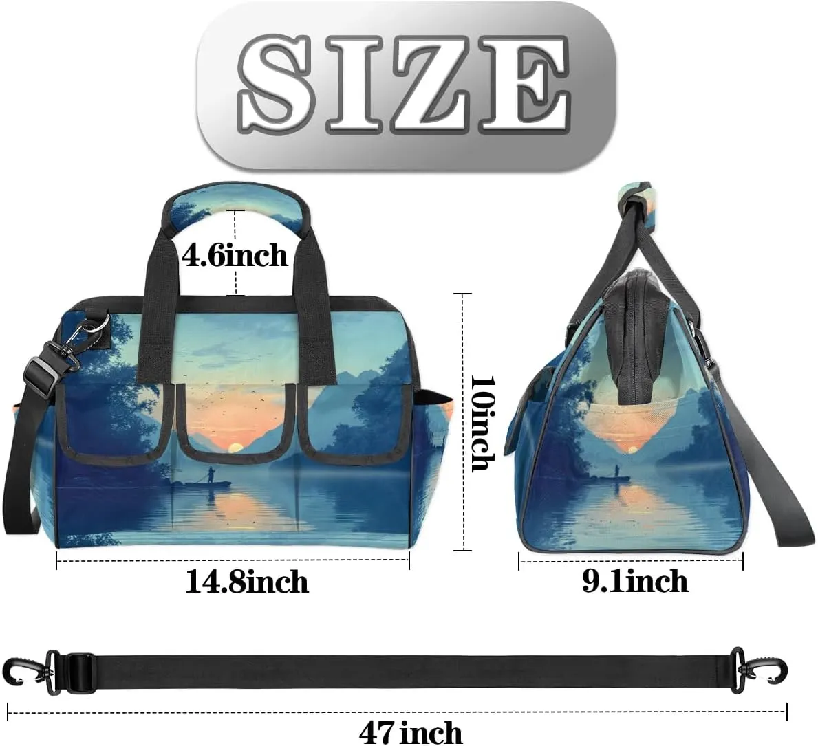 River Boat Sunrise Tool Bag Heavy Duty Waterproof Tool Tote Organizer Multi Pockets Wide Mouth Tool Organizer Storage Tote Bag with Adjustable Shoulder Strap