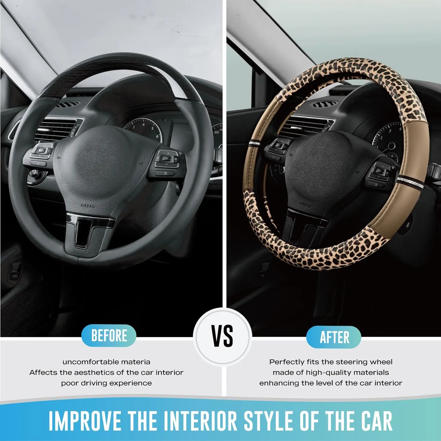 Road Comforts Leopard Steering Wheel Cover - Made with PVC Leather Cheetah Print - Anti-Slip, Universal Fit 14 1/2 inches to 15 inches - Beige