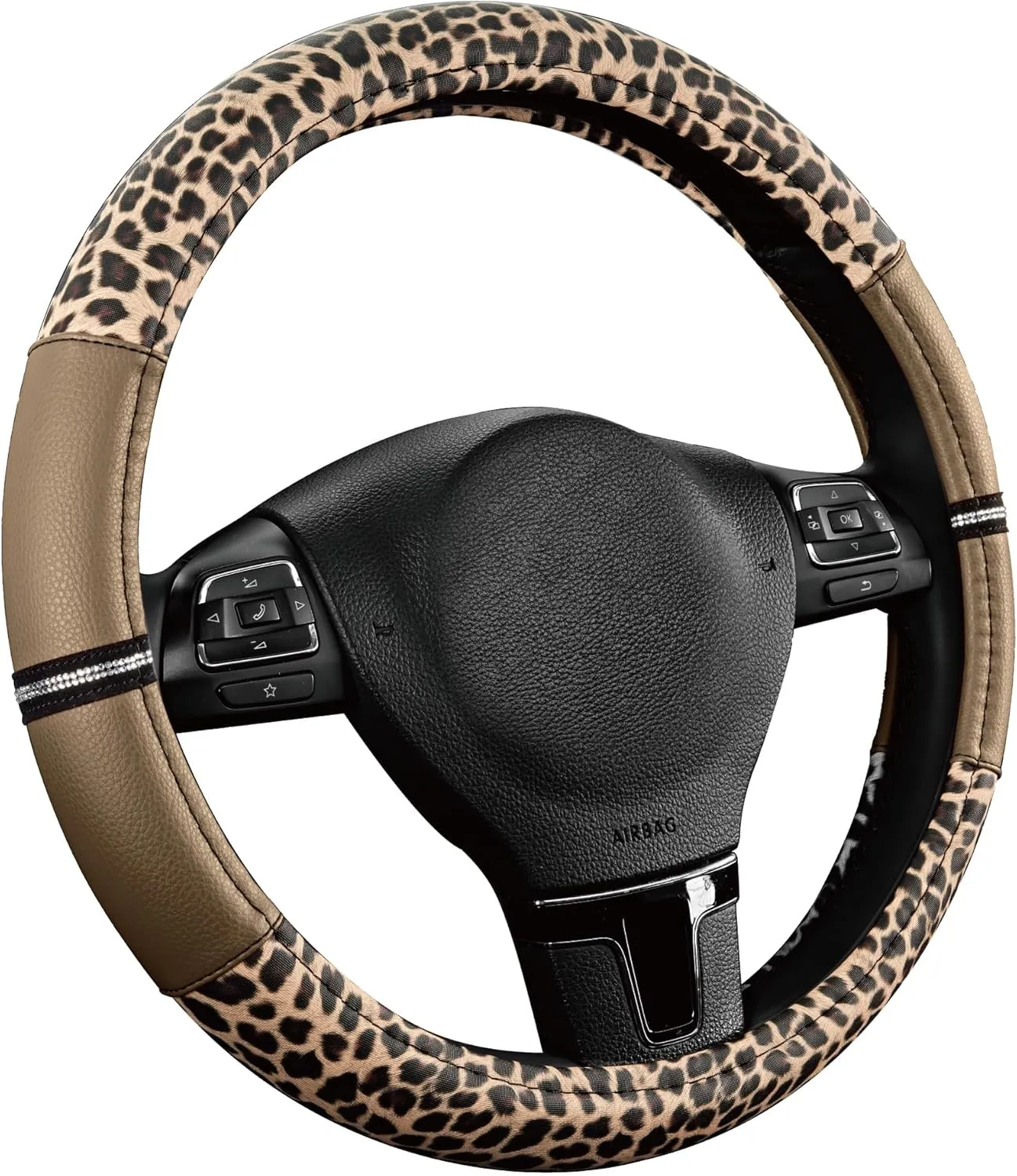 Road Comforts Leopard Steering Wheel Cover - Made with PVC Leather Cheetah Print - Anti-Slip, Universal Fit 14 1/2 inches to 15 inches - Beige