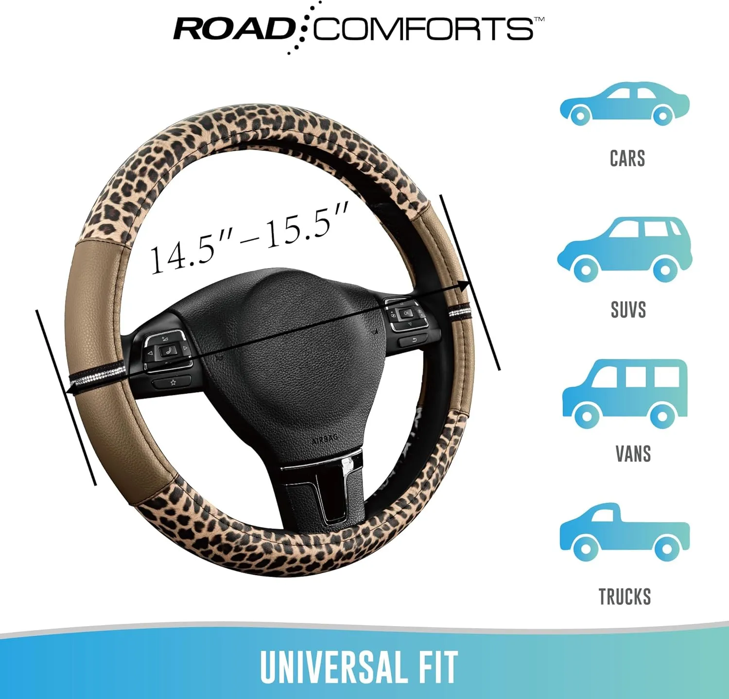 Road Comforts Leopard Steering Wheel Cover - Made with PVC Leather Cheetah Print - Anti-Slip, Universal Fit 14 1/2 inches to 15 inches - Beige
