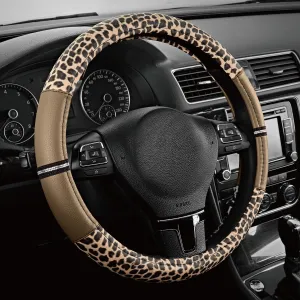 Road Comforts Leopard Steering Wheel Cover - Made with PVC Leather Cheetah Print - Anti-Slip, Universal Fit 14 1/2 inches to 15 inches - Beige