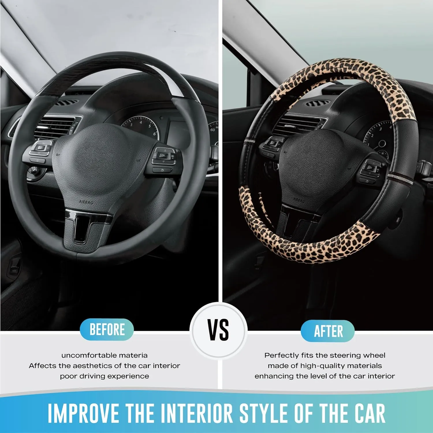 Road Comforts Leopard Steering Wheel Cover - Made with PVC Leather Cheetah Print - Anti-Slip, Universal Fit 14 1/2 inches to 15 inches - Black