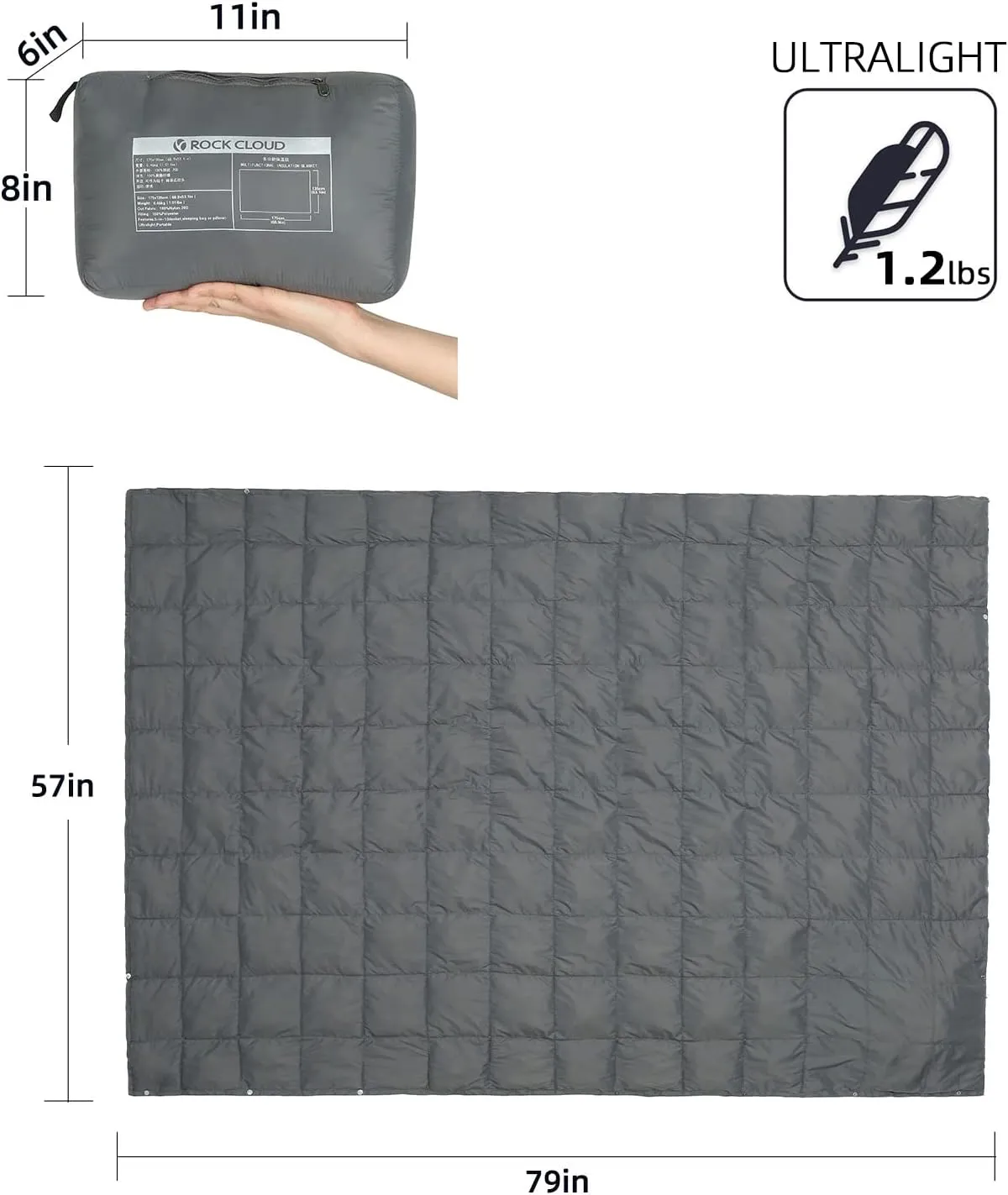 ROCK CLOUD Packable Camping Blanket Ultralight Outdoor Blankets Stadium for Hiking Camp Travel Outside Sports, Size L, 79 x 57 inch