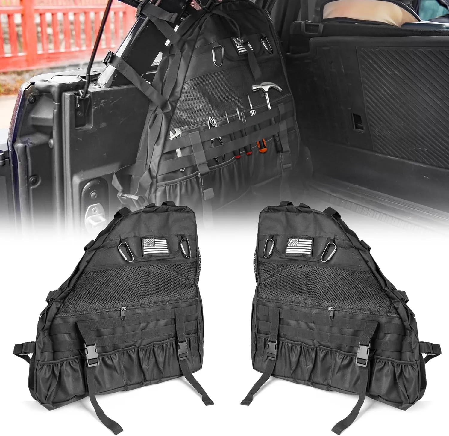 Roll Bar Storage Bag with Multi-Pocket Organizer Cargo Bag Saddlebag Tool Kit Compatible with Ford Bronco 2021 2022 2023 2024 4 Door US Flag (2pcs)