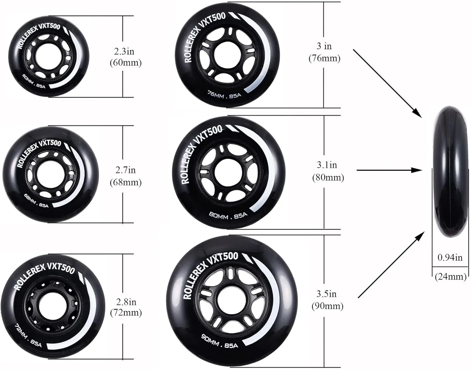 Rollerex VXT100 85A Kids Inline Skate Wheels (2 wheels w/bearings, spacers and washers) (Steel Black) (Size Options) Use on Roller Blades, RipStiks (72mm)