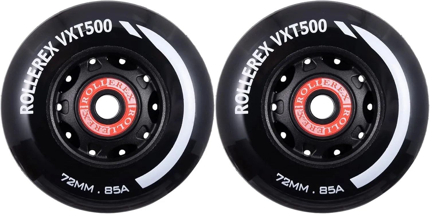 Rollerex VXT100 85A Kids Inline Skate Wheels (2 wheels w/bearings, spacers and washers) (Steel Black) (Size Options) Use on Roller Blades, RipStiks (72mm)