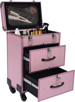 Rolling Makeup Train Case Cosmetic Trolley Cosmetic Case Professional Large Storage Organizer Salon Barber Case Travel Adjustable Dividers for Beauty Personal Care (Pink)