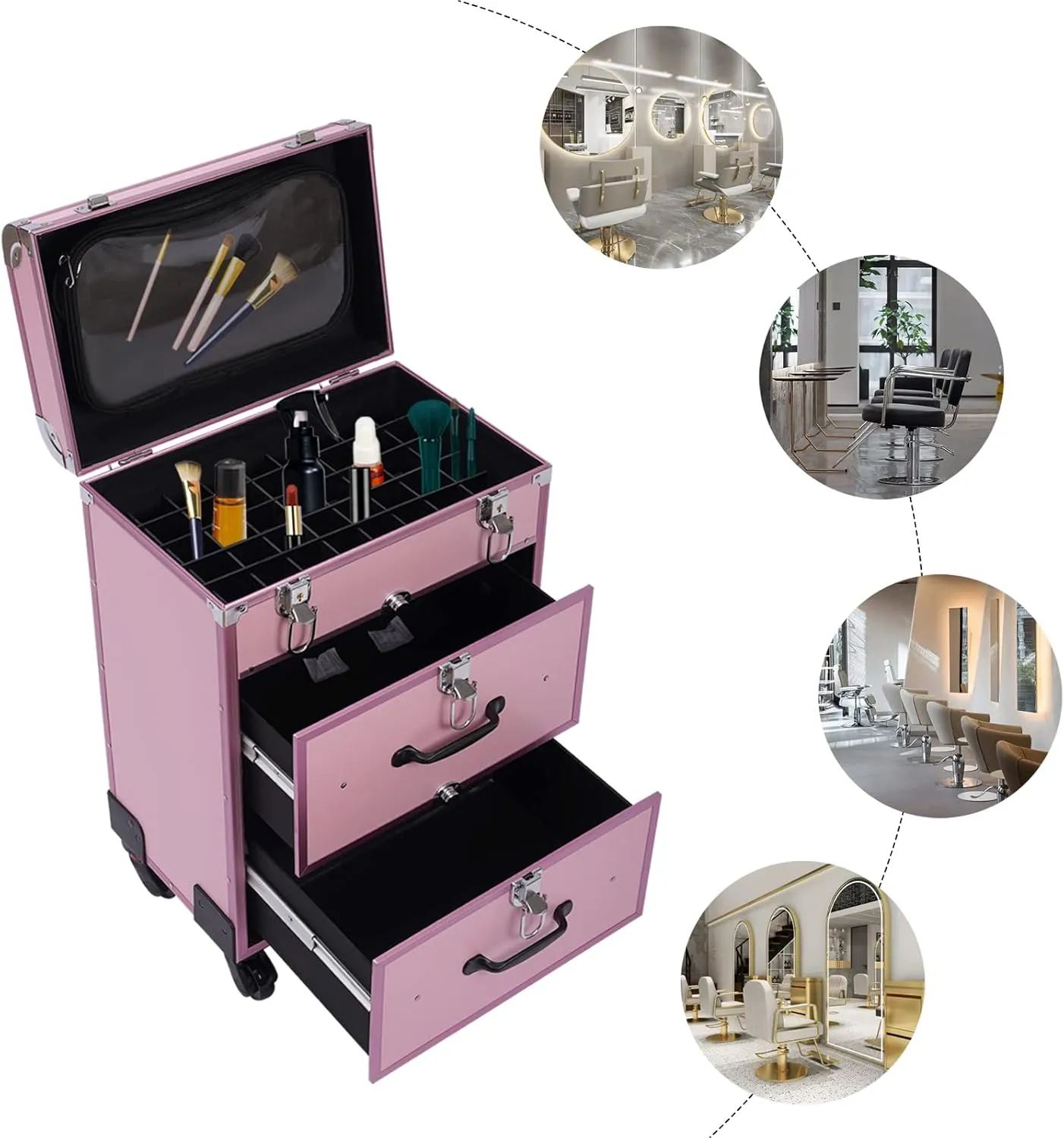 Rolling Makeup Train Case Cosmetic Trolley Cosmetic Case Professional Large Storage Organizer Salon Barber Case Travel Adjustable Dividers for Beauty Personal Care (Pink)