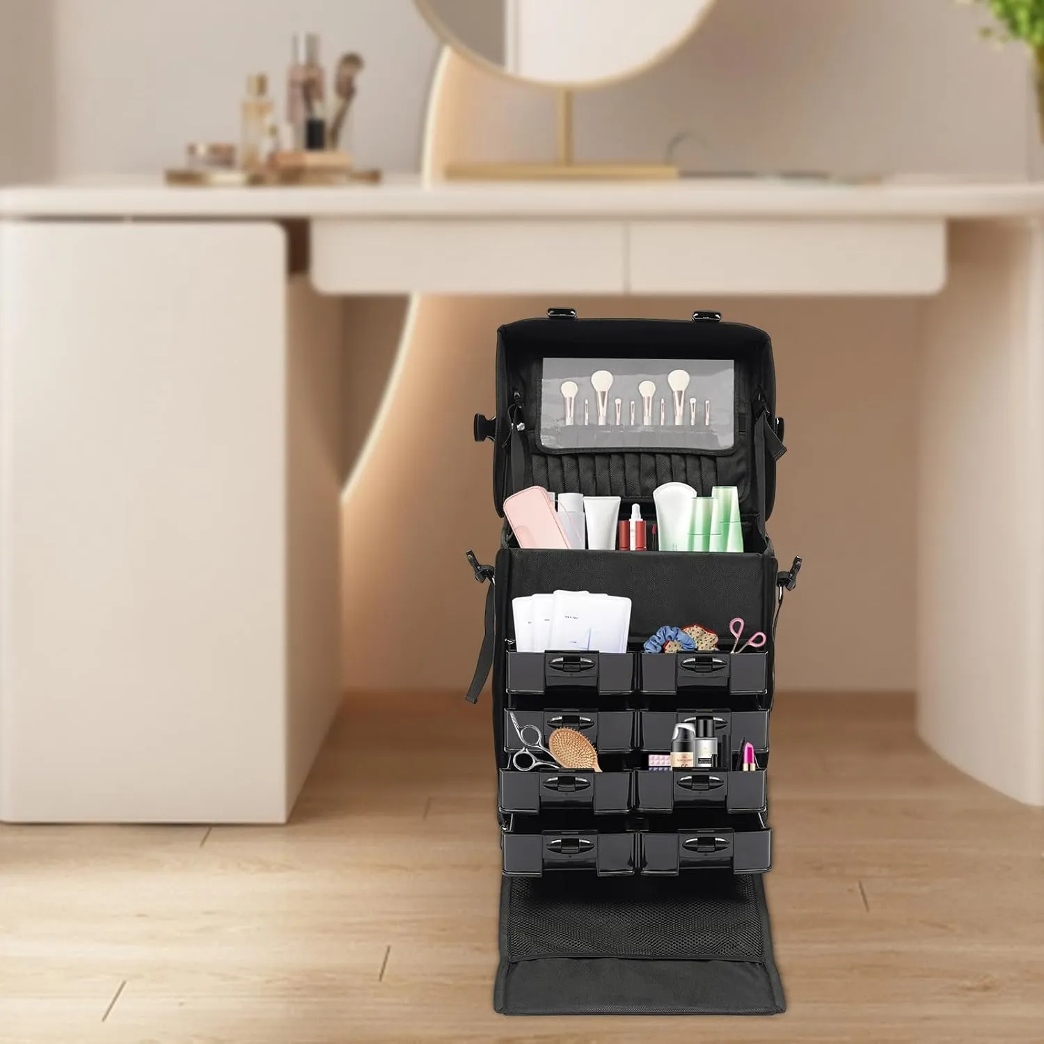 Rolling Makeup Train Case, Soft Sided Makeup Storage Cosmetic Organizer Carry on Travel Trolley Suitcase with 6 Removable Makeup Organizer Drawer Bins for Make-up Artists, Hair Barbers, Stylists