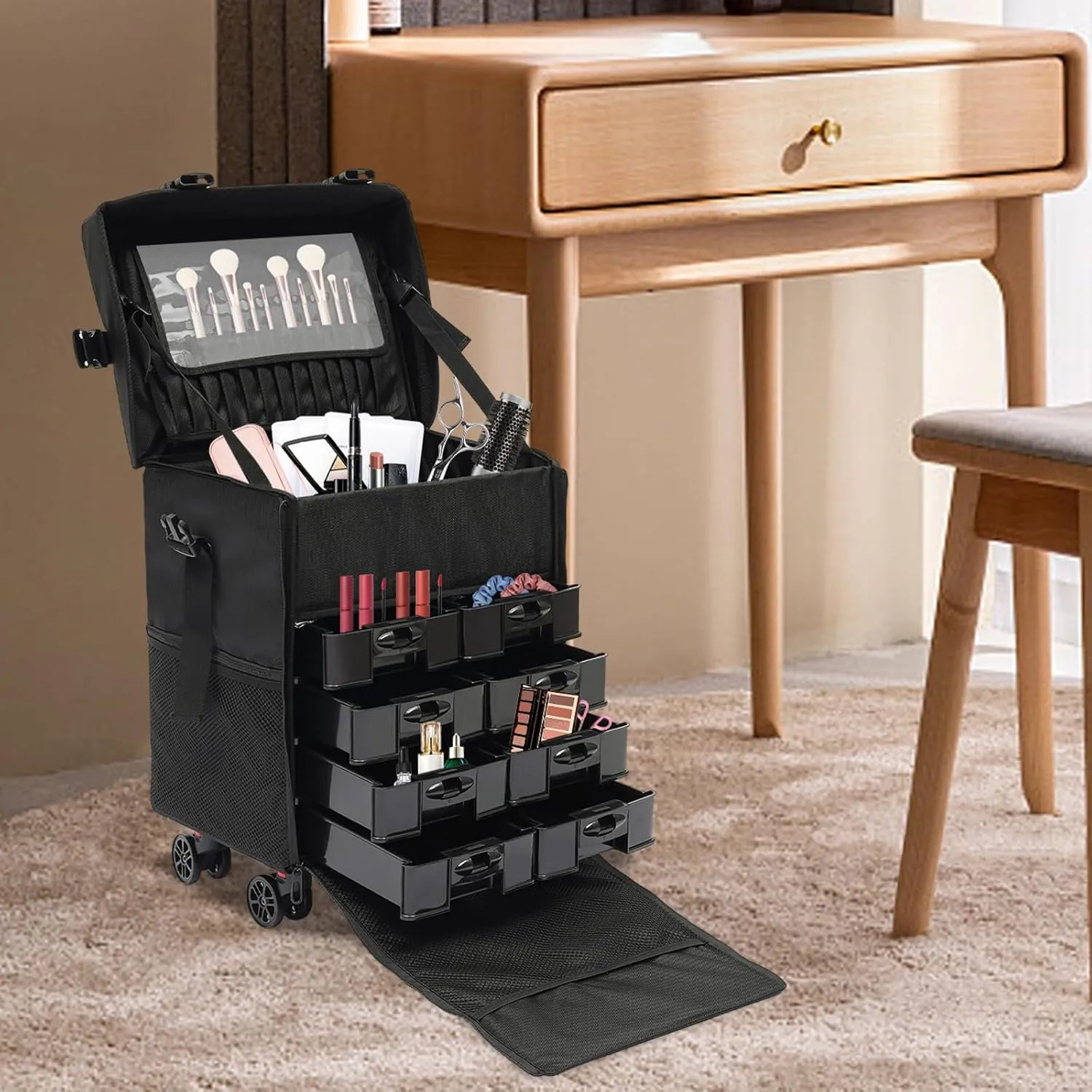 Rolling Makeup Train Case, Soft Sided Makeup Storage Cosmetic Organizer Carry on Travel Trolley Suitcase with 6 Removable Makeup Organizer Drawer Bins for Make-up Artists, Hair Barbers, Stylists