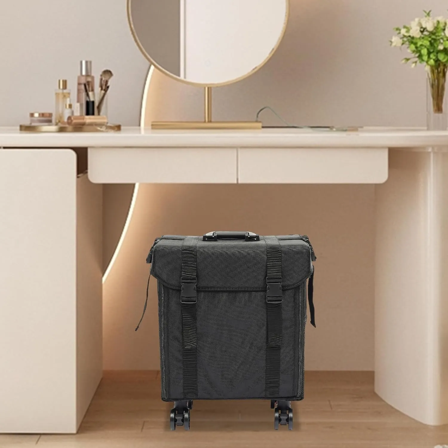 Rolling Makeup Train Case, Soft Sided Makeup Storage Cosmetic Organizer Carry on Travel Trolley Suitcase with 6 Removable Makeup Organizer Drawer Bins for Make-up Artists, Hair Barbers, Stylists