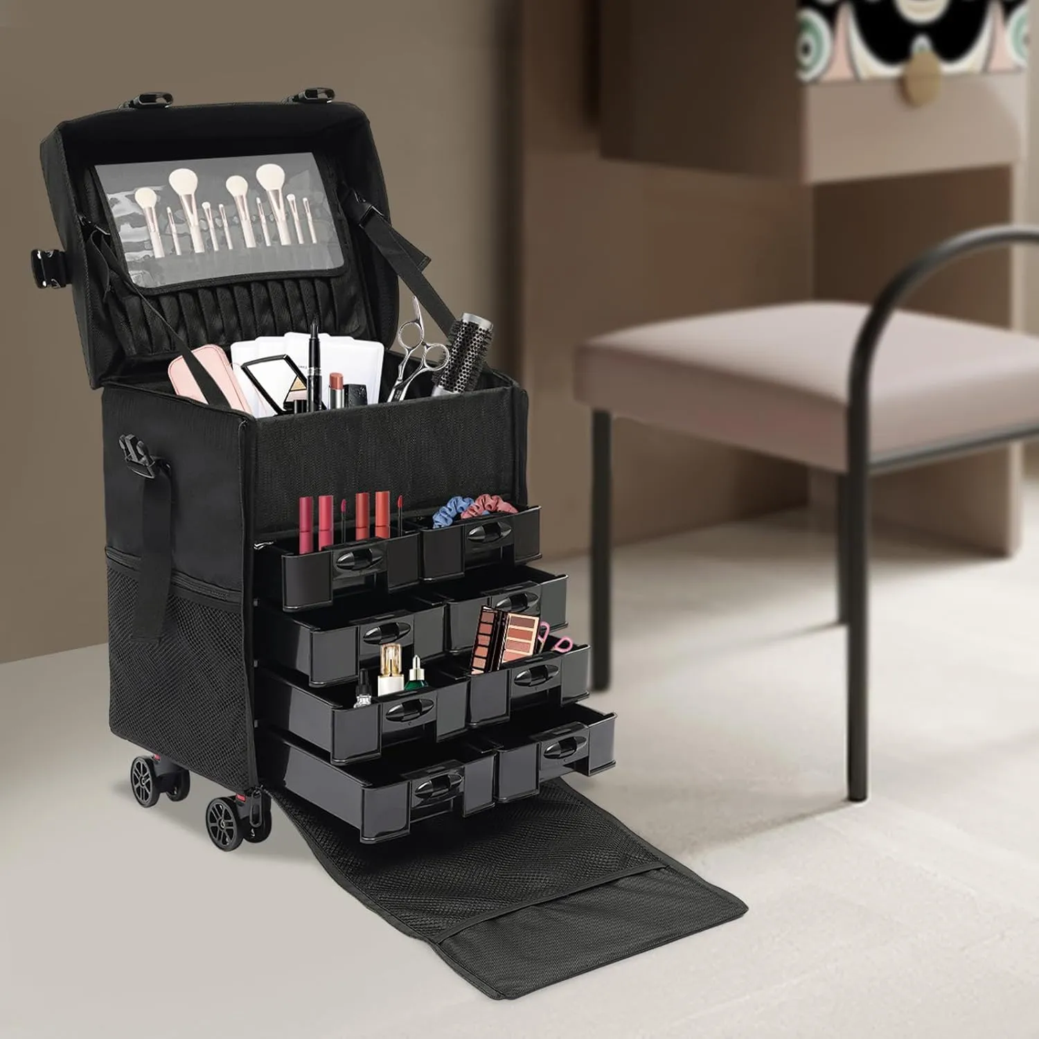 Rolling Makeup Train Case, Soft Sided Makeup Storage Cosmetic Organizer Carry on Travel Trolley Suitcase with 6 Removable Makeup Organizer Drawer Bins for Make-up Artists, Hair Barbers, Stylists