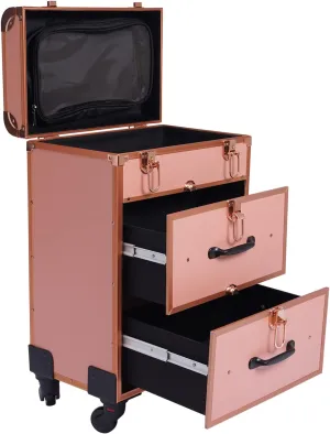 Rolling Makeup Travel Case, 3-Layer Aluminum Roll Makeup Travel Case, Large Capacity Storage with Key Swivel Wheel Salon Barber Box Travel Wagon Luggage for Makeup Hair Stylist Nail Technique