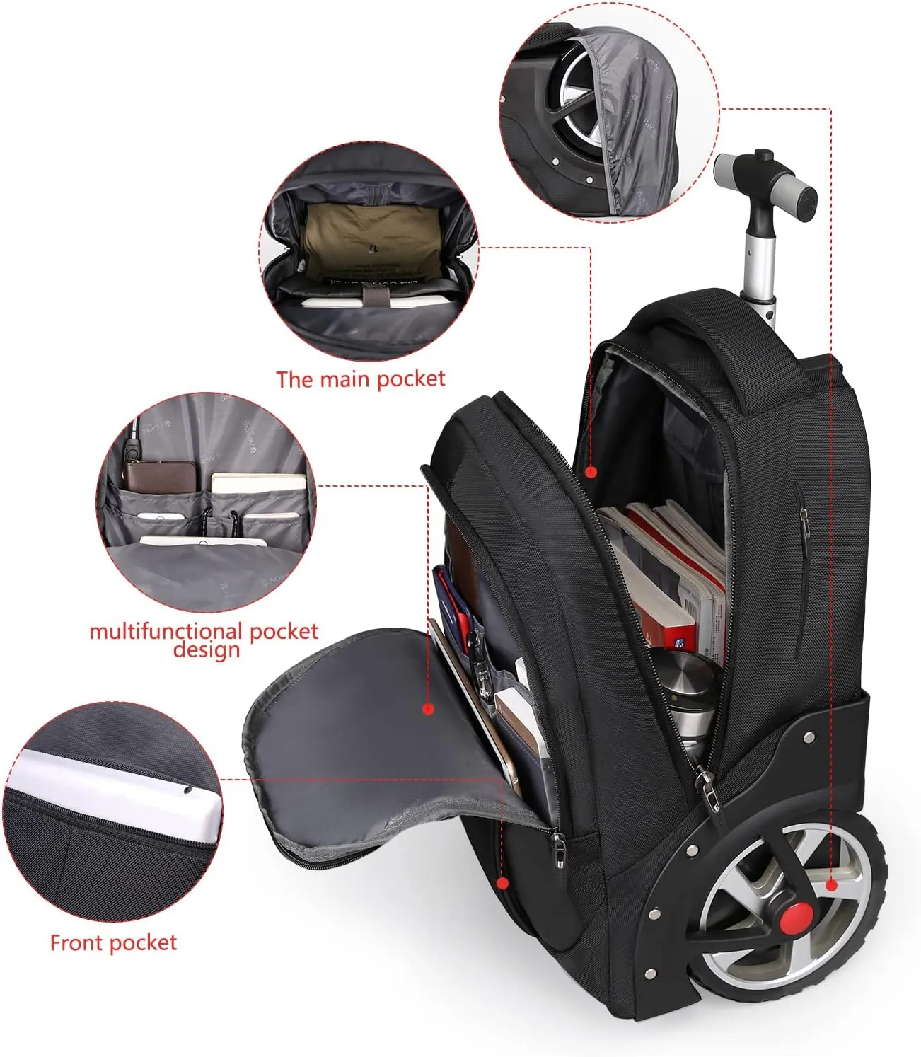 Rolling ,Waterproof Backpack with Wheels for Business, College Student and Travel Commuter, Carry on Backpack with Laptop Compartment, Fit 17 Inch Laptop, Wheeled Backpack for Adults