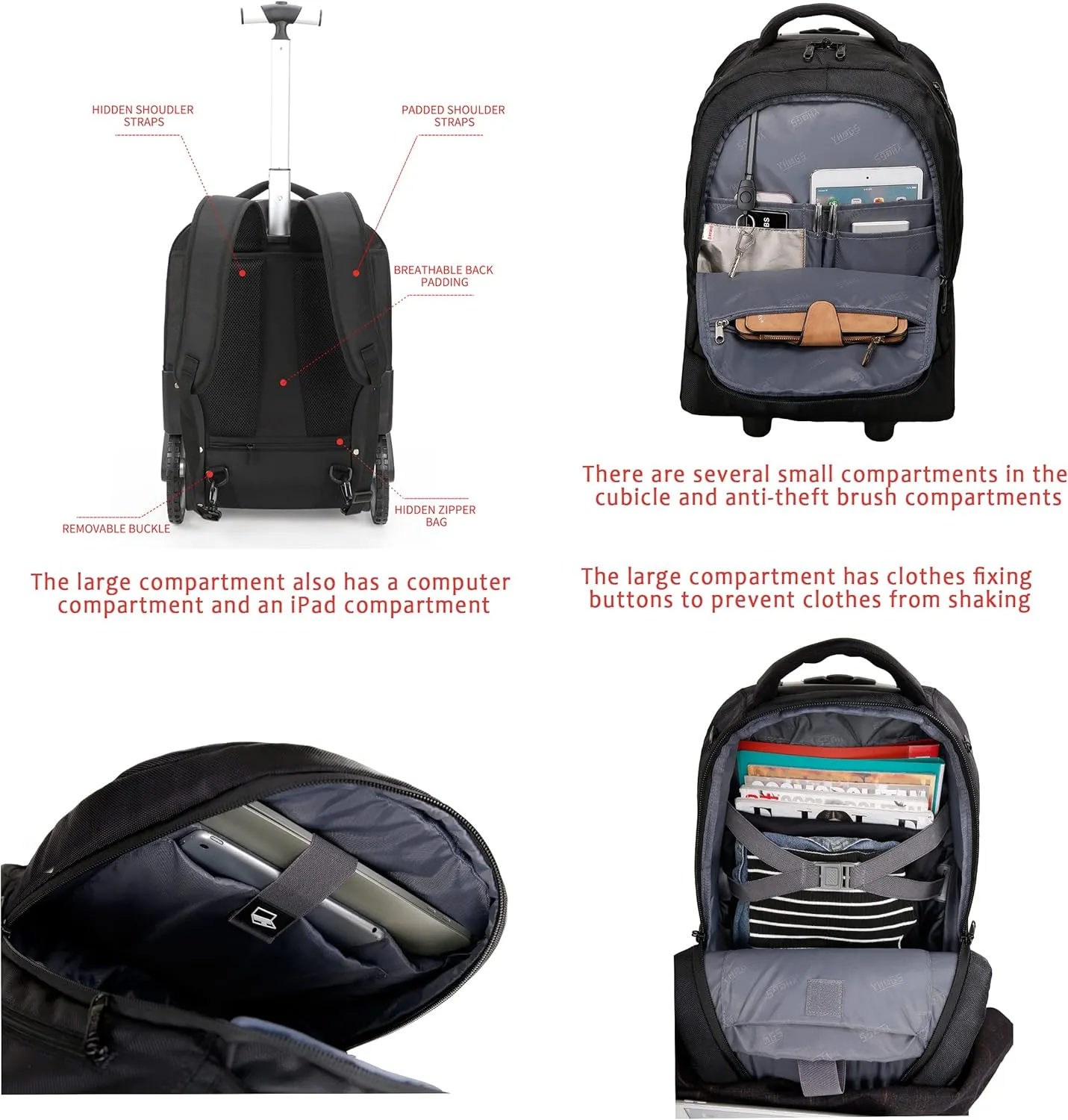Rolling ,Waterproof Backpack with Wheels for Business, College Student and Travel Commuter, Carry on Backpack with Laptop Compartment, Fit 17 Inch Laptop, Wheeled Backpack for Adults