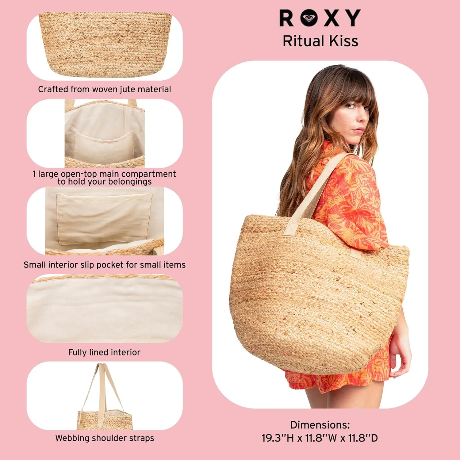 Roxy Women's Beach Tote Bag | Travel | Vacation | Straw | Lightweight | Breathable