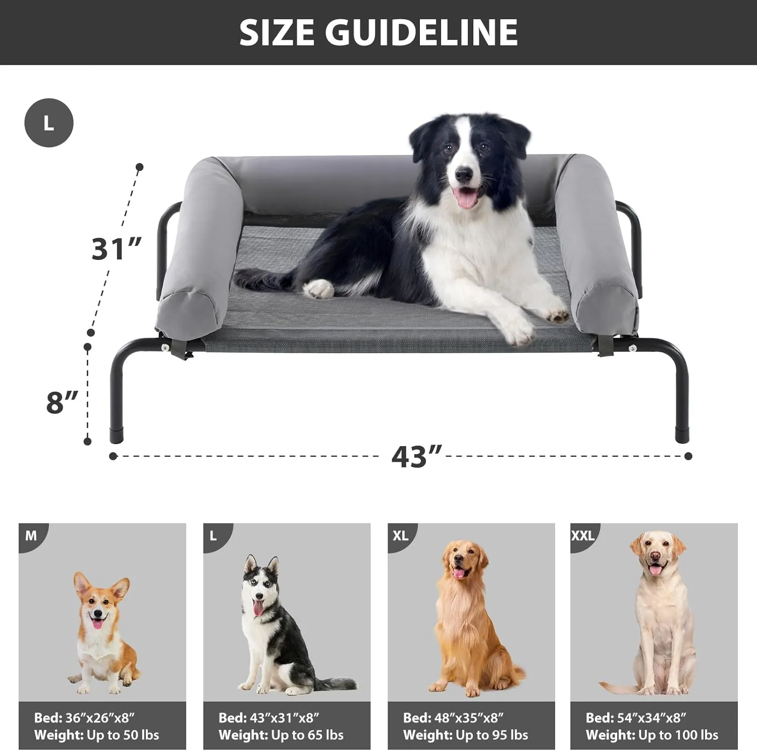 RRPETHOME Large Elevated Cooling Dog Bed, Raised Dog Cot Beds for Large Dogs, Elevated Outdoor Pet Bed, Chew Proof Portable Cooling Pet Cot with Skid-Resistant Feet and Breathable Mesh