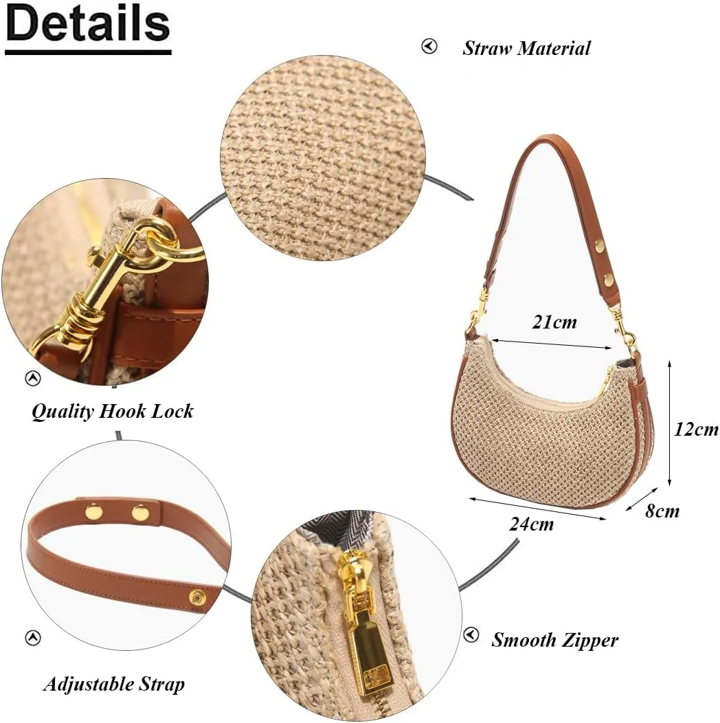 RTGGSEL Boho Summer Retro Women's Straw Rattan Beach Tote Bag Crossbody Shoulder Bags Hobo Underarm Handbag Straw Purse