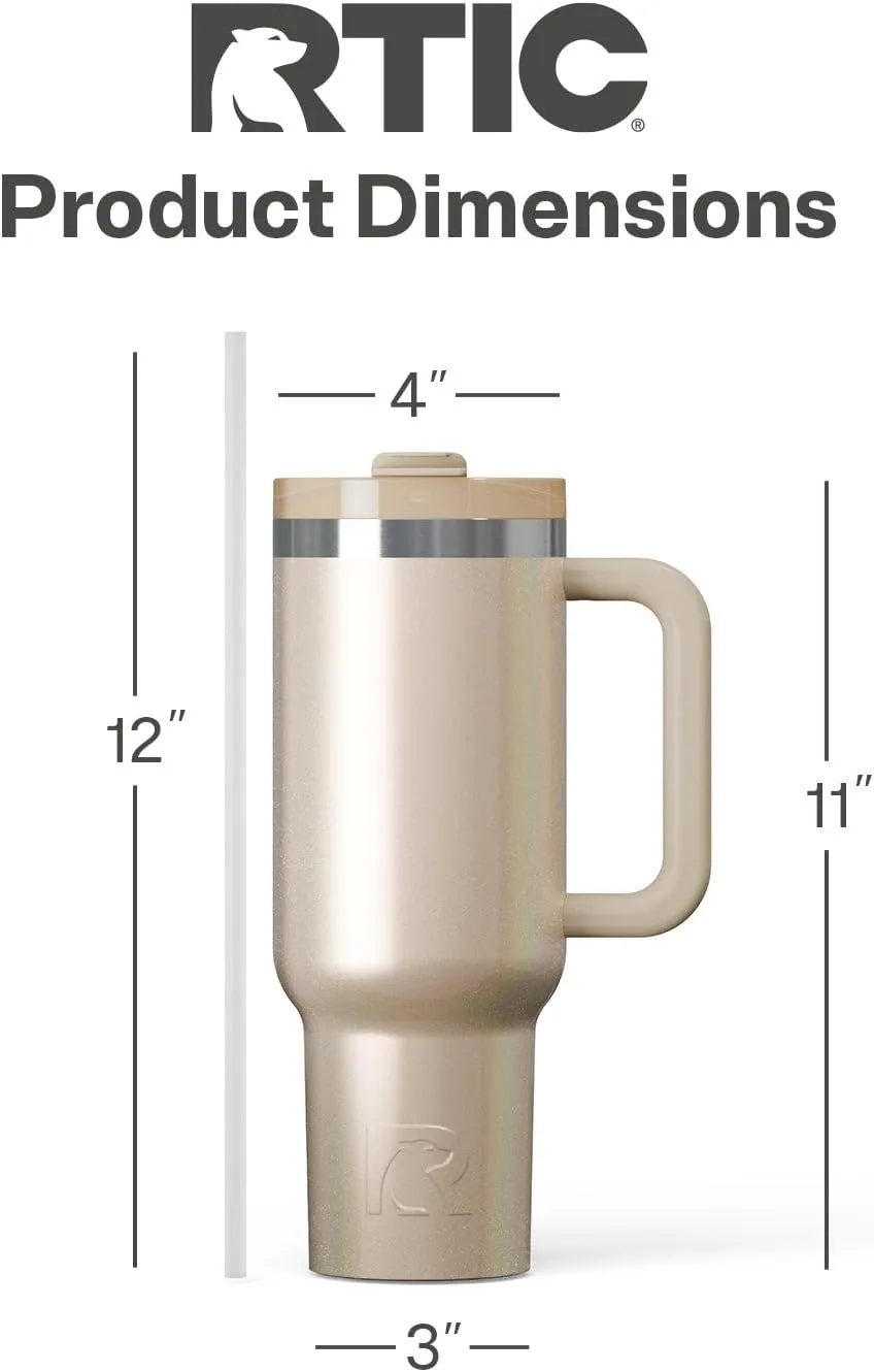 RTIC 40 oz Road Trip Tumbler Double-Walled Insulated Stainless Steel Portable Travel Coffee Mug Cup with Lid, Handle and Straw, Beach Glitter