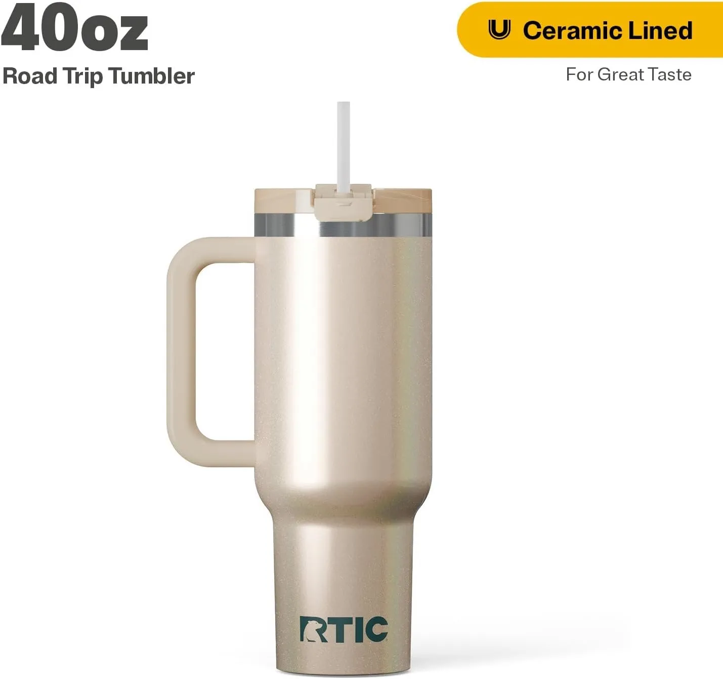 RTIC 40 oz Road Trip Tumbler Double-Walled Insulated Stainless Steel Portable Travel Coffee Mug Cup with Lid, Handle and Straw, Beach Glitter