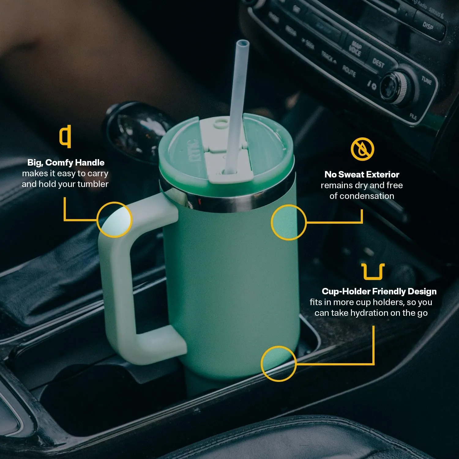 RTIC 40 oz Road Trip Tumbler Double-Walled Insulated Stainless Steel Portable Travel Coffee Mug Cup with Lid, Handle and Straw, Beach Glitter