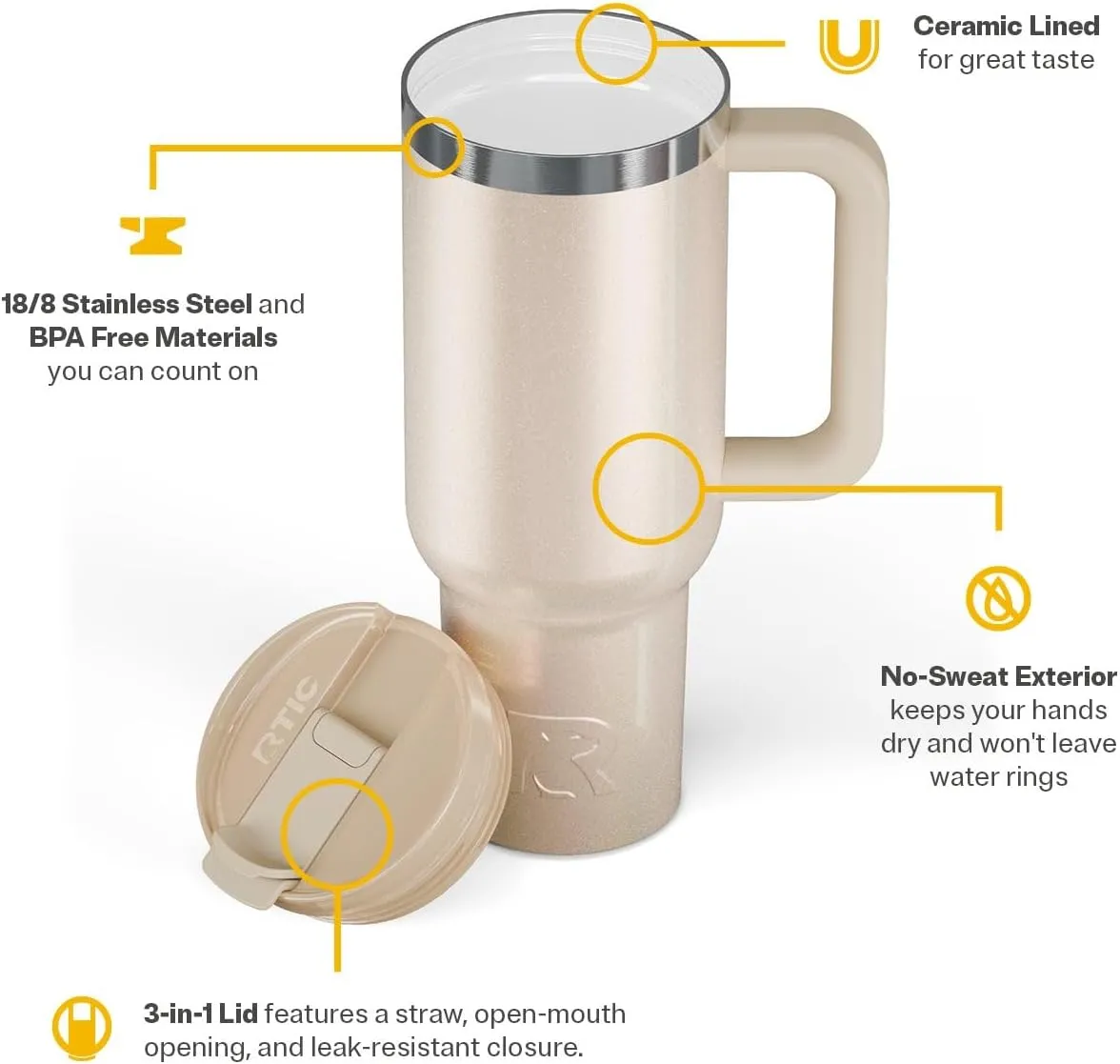 RTIC 40 oz Road Trip Tumbler Double-Walled Insulated Stainless Steel Portable Travel Coffee Mug Cup with Lid, Handle and Straw, Beach Glitter