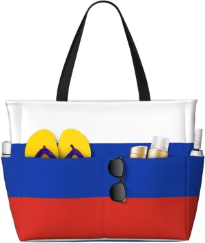 Russian Flag Print 28L Large Beach Tote Bag, 7 Pockets Waterproof Travel Shoulder Bag, Gym Oversized Tote