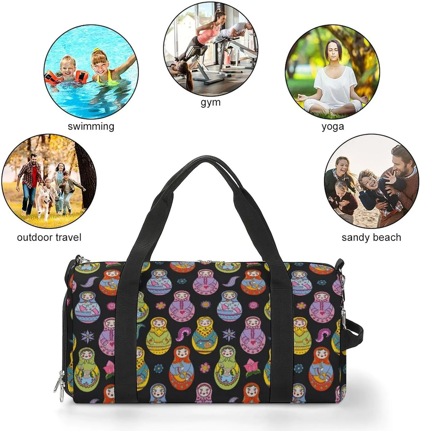 Russian Matryoshka Dolls And Floral Elements Water Resistant Gym Bag with Shoe Compartment, Travel Duffel Tote Bag Weekender Overnight Bag for Women Men