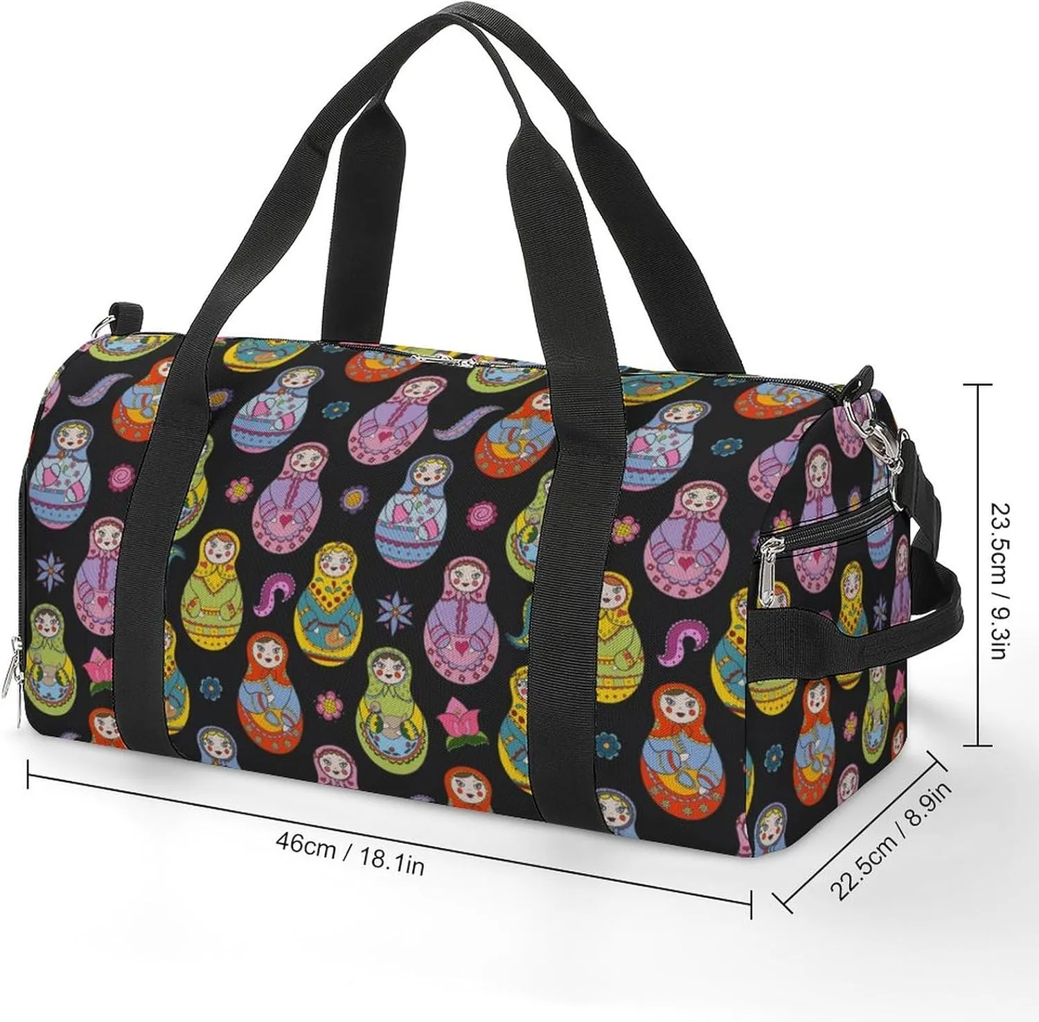 Russian Matryoshka Dolls And Floral Elements Water Resistant Gym Bag with Shoe Compartment, Travel Duffel Tote Bag Weekender Overnight Bag for Women Men