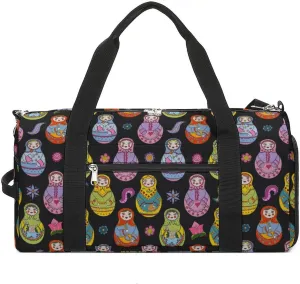 Russian Matryoshka Dolls And Floral Elements Water Resistant Gym Bag with Shoe Compartment, Travel Duffel Tote Bag Weekender Overnight Bag for Women Men