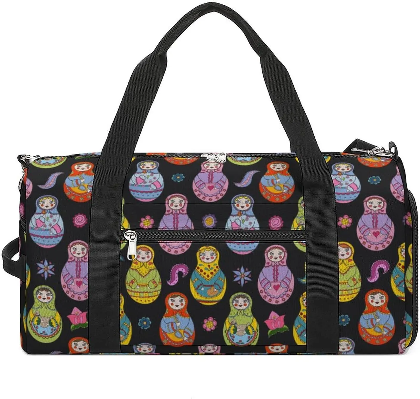 Russian Matryoshka Dolls And Floral Elements Water Resistant Gym Bag with Shoe Compartment, Travel Duffel Tote Bag Weekender Overnight Bag for Women Men