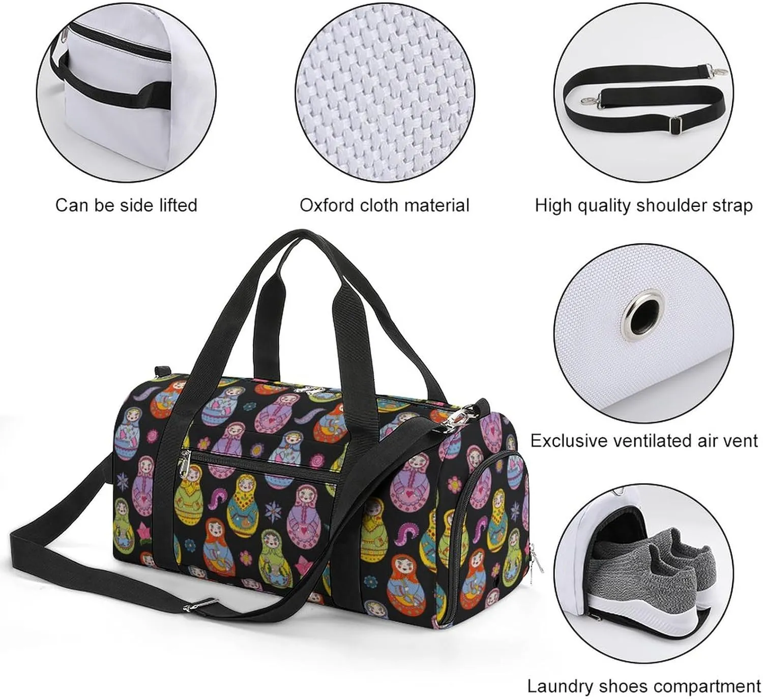 Russian Matryoshka Dolls And Floral Elements Water Resistant Gym Bag with Shoe Compartment, Travel Duffel Tote Bag Weekender Overnight Bag for Women Men