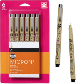 SAKURA Pigma Micron Fineliner Pens - Archival Black Ink Pens - Pens for Writing, Drawing, or Journaling - Black Ink - 01 Point Size - 6 Pack