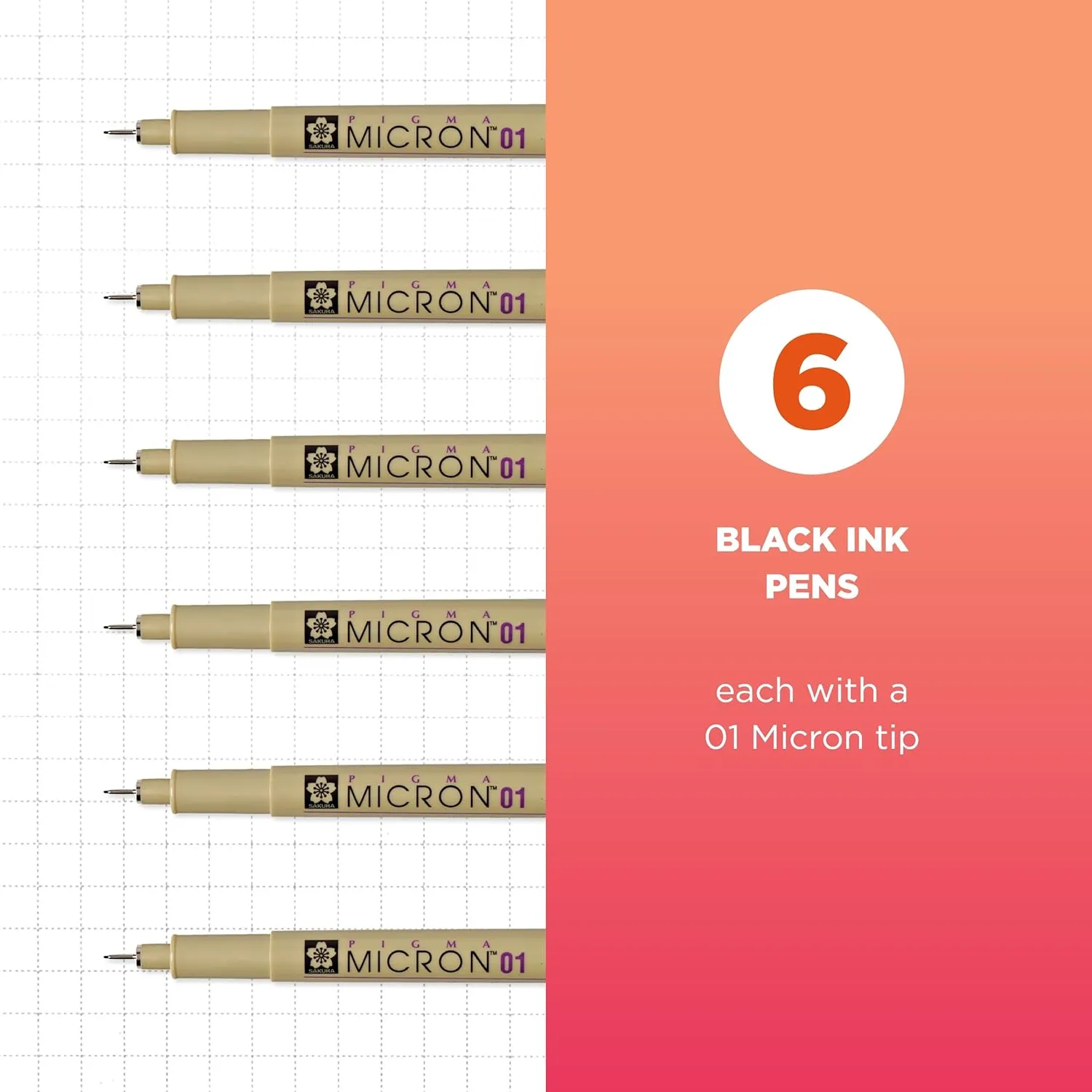 SAKURA Pigma Micron Fineliner Pens - Archival Black Ink Pens - Pens for Writing, Drawing, or Journaling - Black Ink - 01 Point Size - 6 Pack