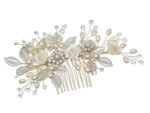 SAMKY Handmade Shell White Pearl Crystal Flower Leaf Hair Comb - Gold T1217