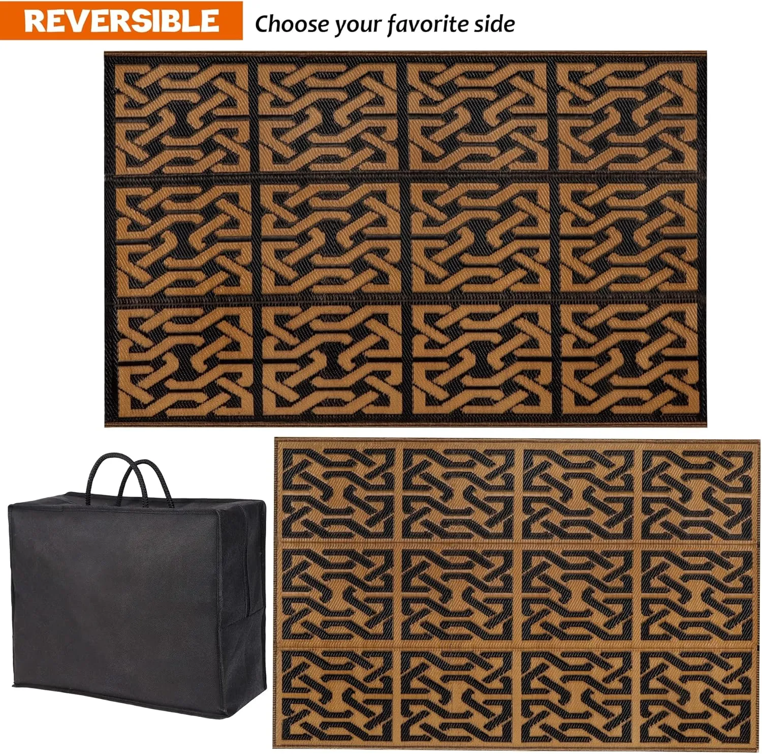 SAND MINE Reversible Mats, Plastic Straw Rug, Modern Area Rug, Large Floor Mat and Rug for Outdoors, RV, Patio, Backyard, Deck, Picnic, Beach, Trailer, Camping (4' x 6', Black & Brown)