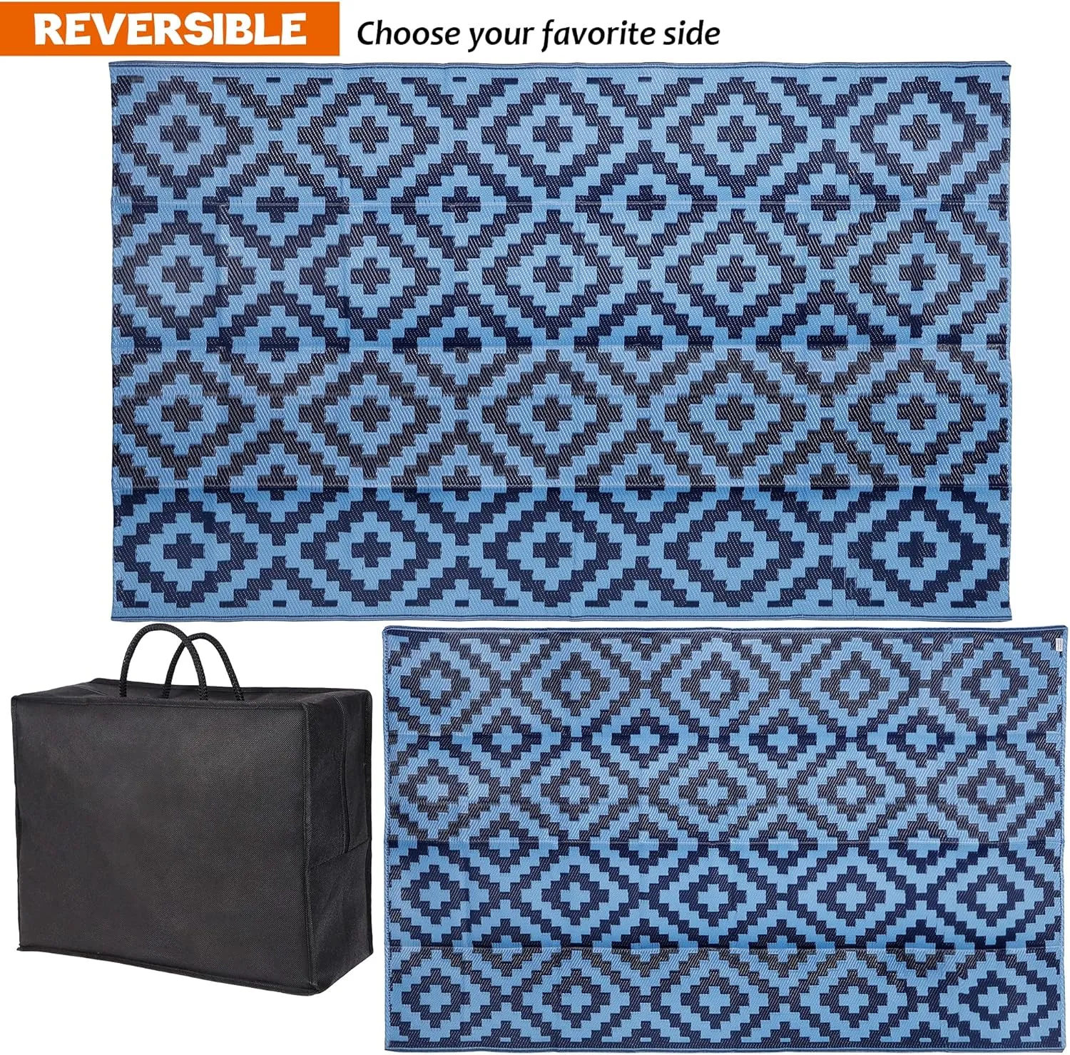SAND MINE Reversible Mats, Plastic Straw Rug, Modern Area Rug, Large Floor Mat and Rug for Outdoors, RV, Patio, Backyard, Deck, Picnic, Beach, Trailer, Camping, Blue, 5' x 8'