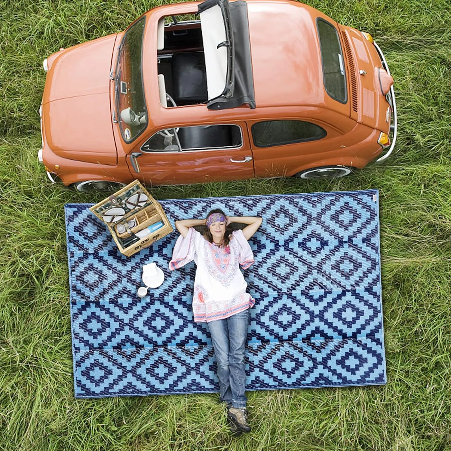 SAND MINE Reversible Mats, Plastic Straw Rug, Modern Area Rug, Large Floor Mat and Rug for Outdoors, RV, Patio, Backyard, Deck, Picnic, Beach, Trailer, Camping, Blue, 5' x 8'