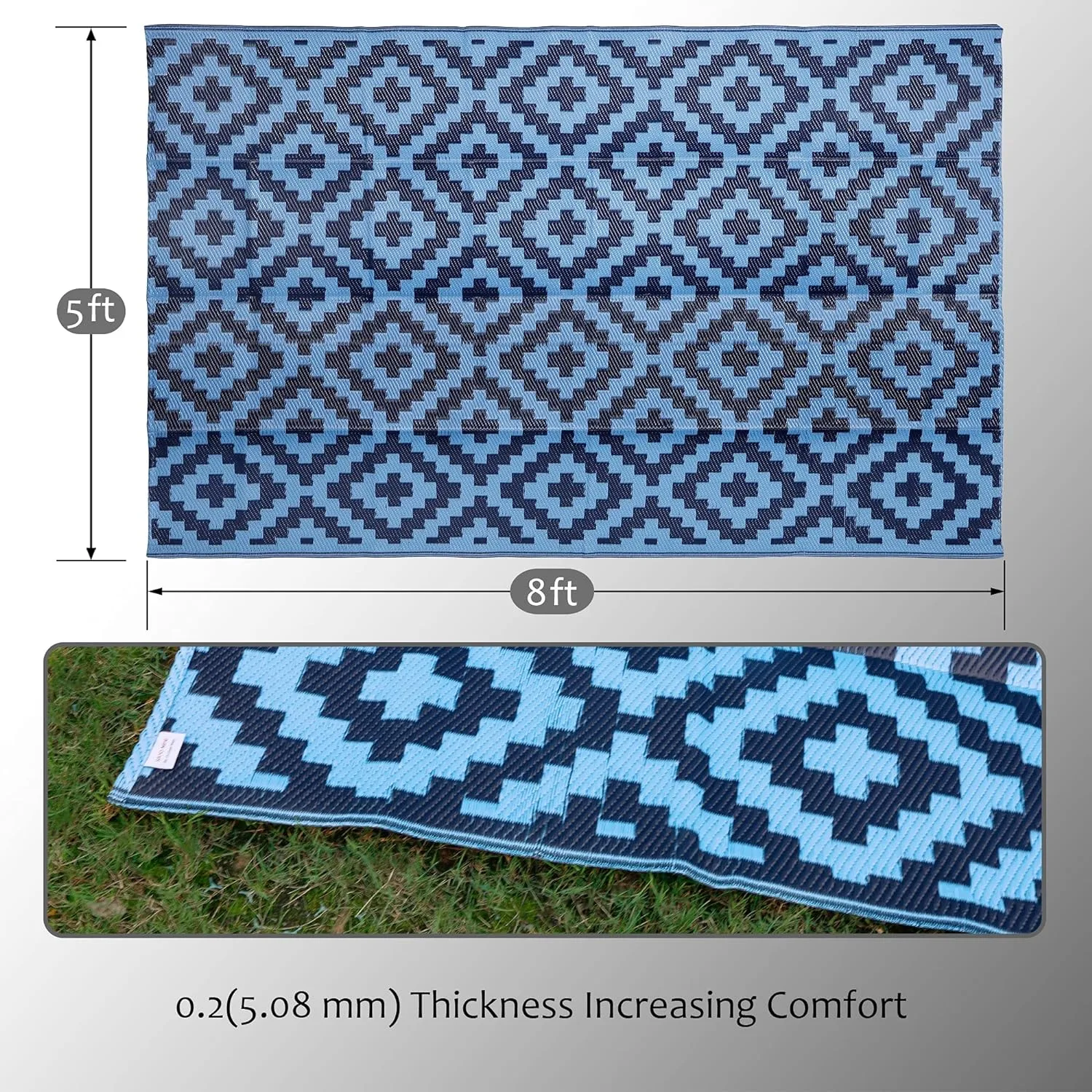 SAND MINE Reversible Mats, Plastic Straw Rug, Modern Area Rug, Large Floor Mat and Rug for Outdoors, RV, Patio, Backyard, Deck, Picnic, Beach, Trailer, Camping, Blue, 5' x 8'
