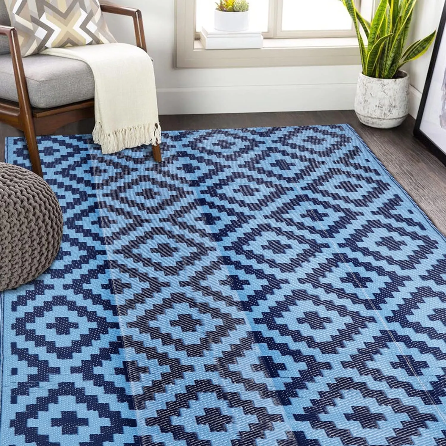 SAND MINE Reversible Mats, Plastic Straw Rug, Modern Area Rug, Large Floor Mat and Rug for Outdoors, RV, Patio, Backyard, Deck, Picnic, Beach, Trailer, Camping, Blue, 5' x 8'