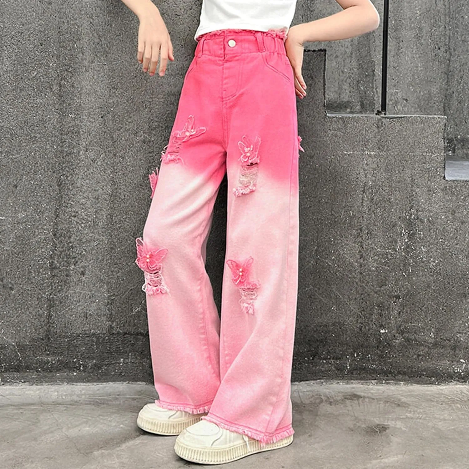 SANGTREE Girls Wide Leg Jeans Elastic Waist Denim Pants Baggy Jeans for Girls, 6-14 Years
