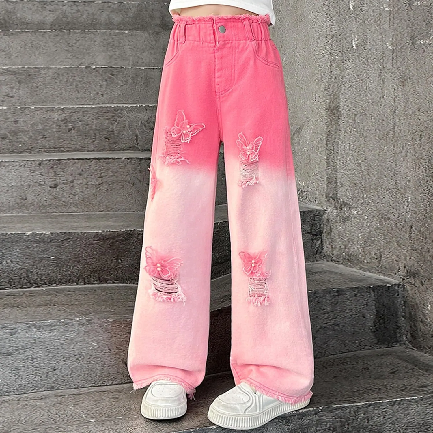 SANGTREE Girls Wide Leg Jeans Elastic Waist Denim Pants Baggy Jeans for Girls, 6-14 Years
