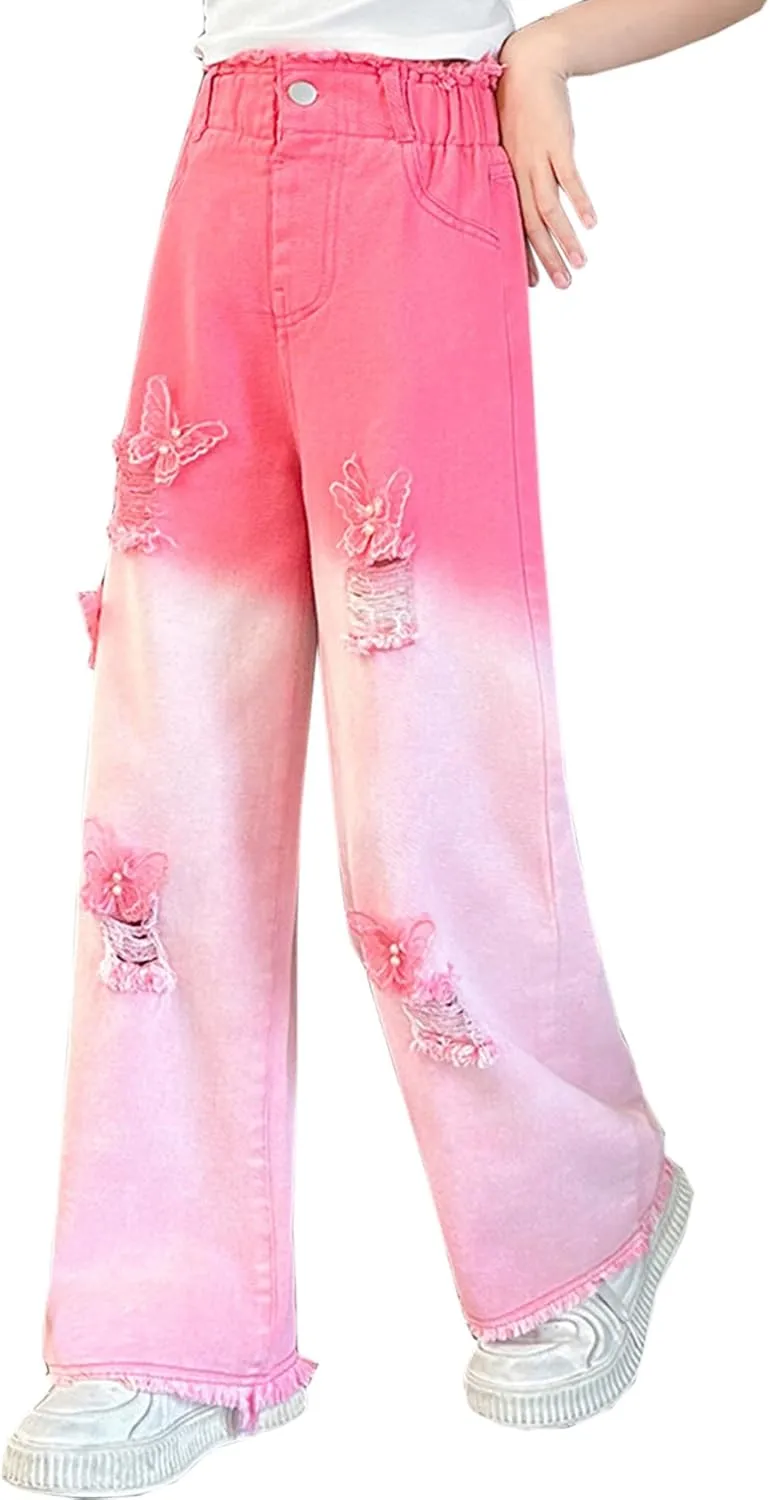 SANGTREE Girls Wide Leg Jeans Elastic Waist Denim Pants Baggy Jeans for Girls, 6-14 Years